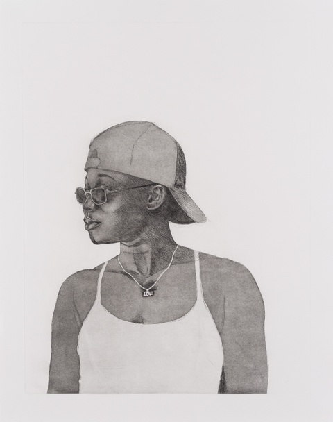 etching of a person wearing a tank top and a baseball cap backwards