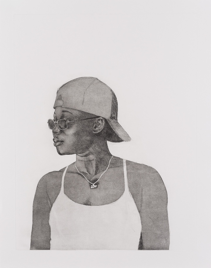 etching of a person wearing a tank top and a baseball cap backwards