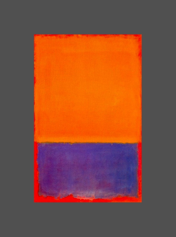 Painting of orange and blue painted rectangles on red background