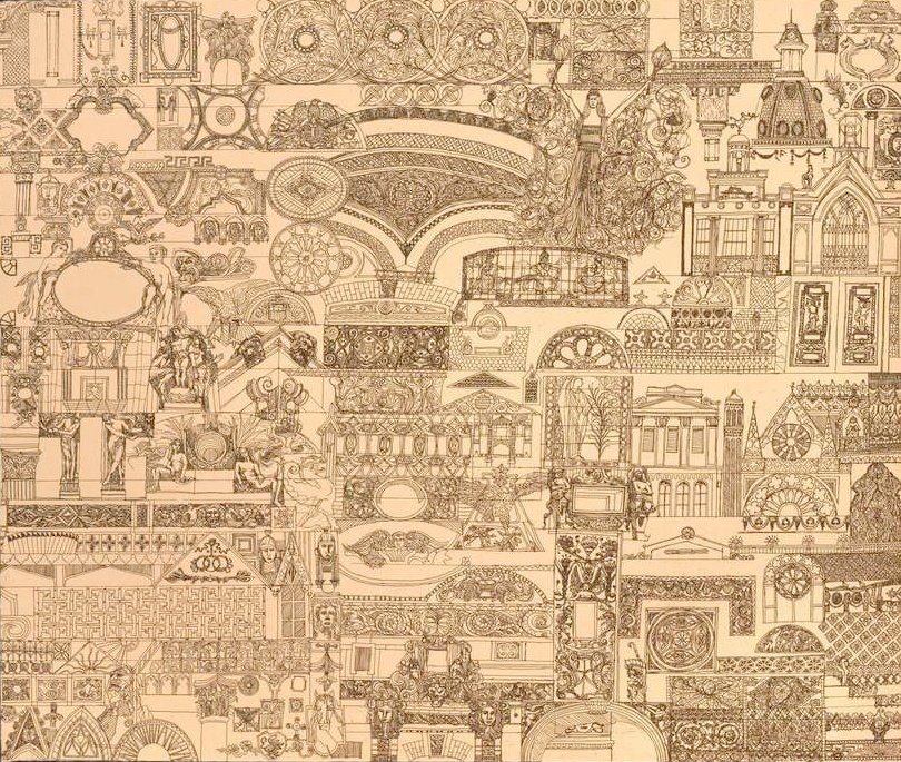 Beige image with brown linear drawings of architectural ornamentation