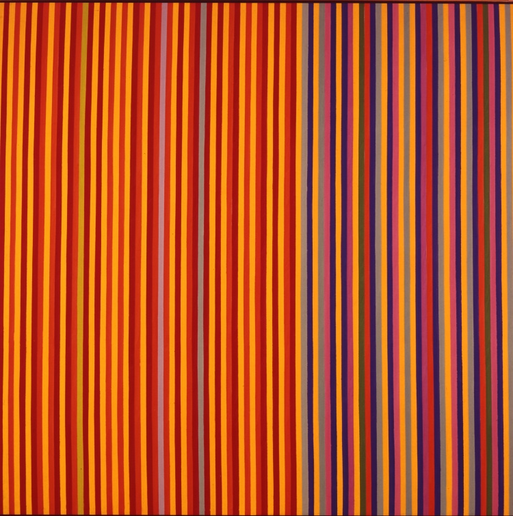 A painting of thin vertical stripes of color: red, orange, blue, yellow, purple