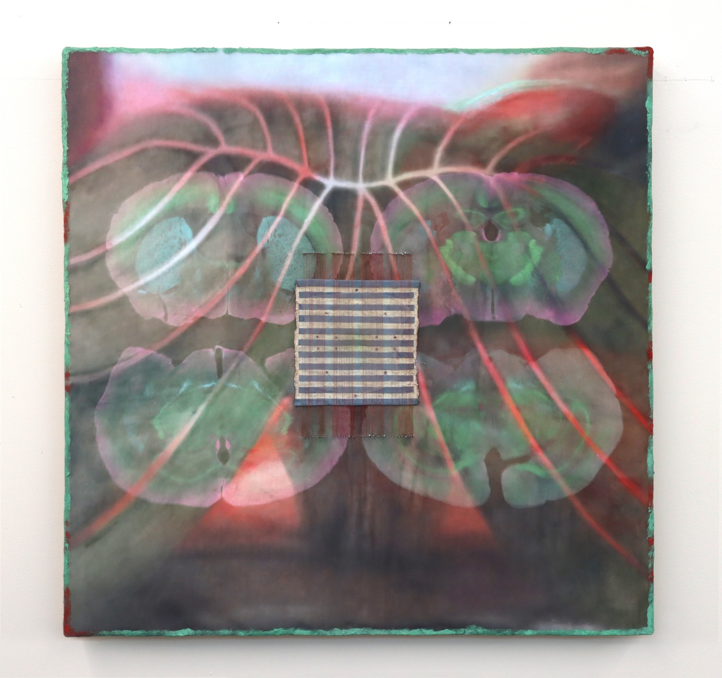 Large artwork of four orchid-like shapes overlaid with translucent leaf veins. In the middle a small striped square with red threads over it.