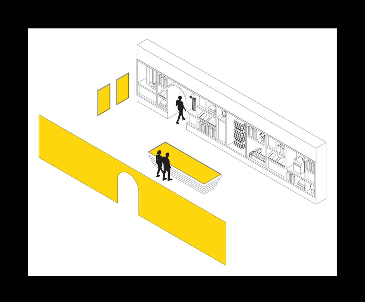 Axonometric of people standing at long table in library space
