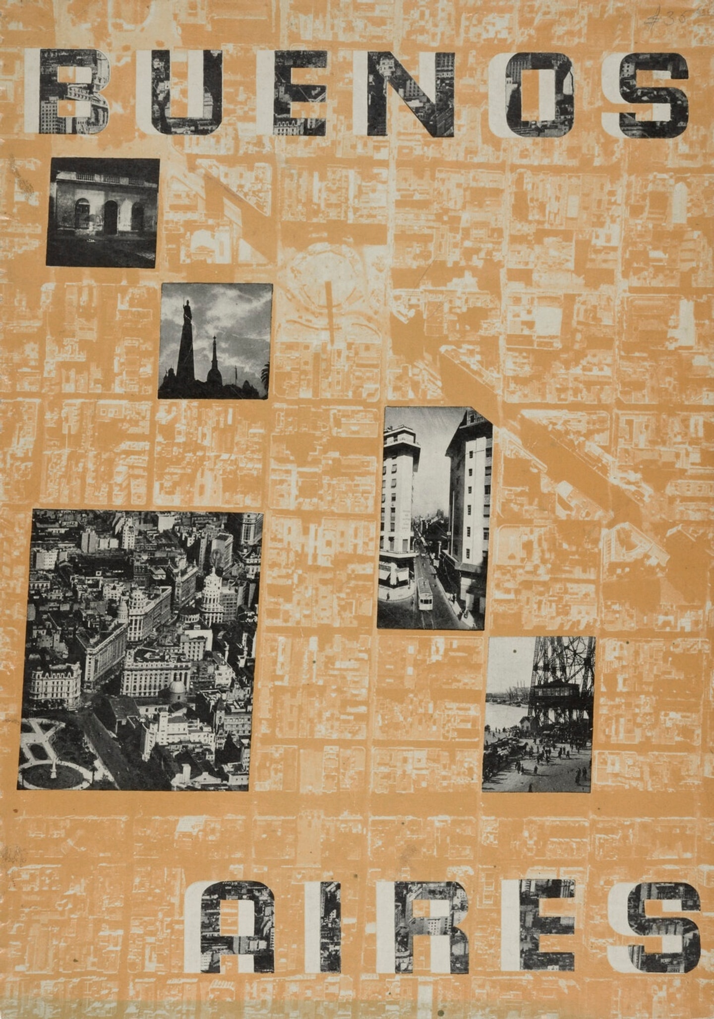 A book cover with a faded orange colored background overlaid with an architectural map of Buenos Aires. Black-and-white photographs of buildings and city views are arranged across the cover, with the title “BUENOS AIRES” in large block letters at the top and bottom.