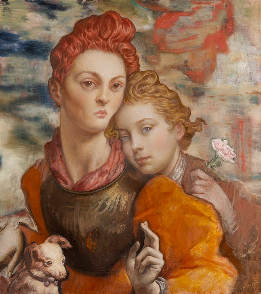 Two figures looking at us. The adult has their fingers crossed and the child is leaning on the adult while holding a flower