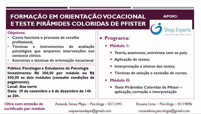 FORMAÇÃO EM ORIENTAÇÃO VOCACIONAL E TESTE PIRAMIDES COLORIDAS DE PFISTER