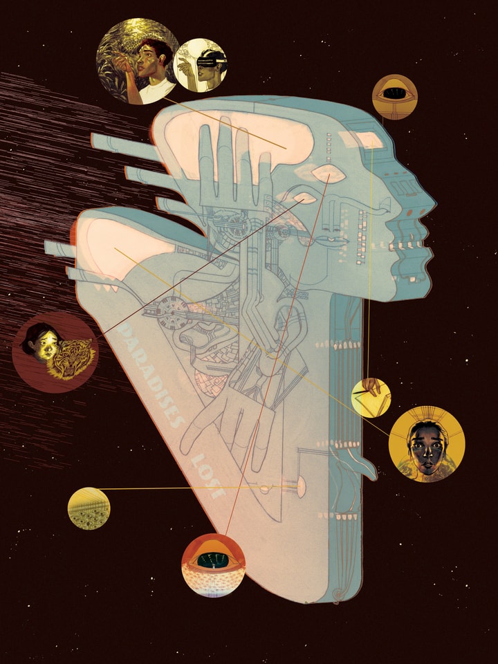 Drawing of an abstracted human head and shoulders in profile floats in space. Line drawings of eyes, noses, hands, ears, and other nodes and mechanical structures fill the object. Lines point off to little yellow circles containing detailed drawings of faces and eyes. The bottom edge of the main object reads "Paradises Lost" in a retro font.
