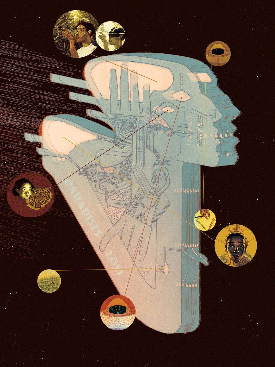 Drawing of an abstracted human head and shoulders in profile floats in space. Line drawings of eyes, noses, hands, ears, and other nodes and mechanical structures fill the object. Lines point off to little yellow circles containing detailed drawings of faces and eyes. The bottom edge of the main object reads "Paradises Lost" in a retro font.