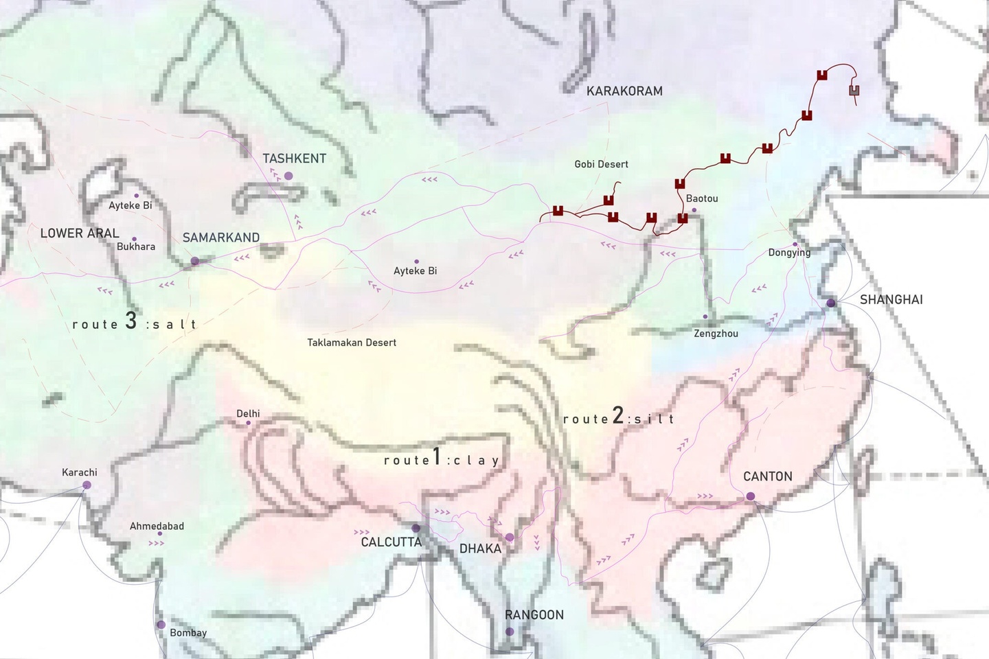 A map in pastel hues with a travel route indicated in red. 