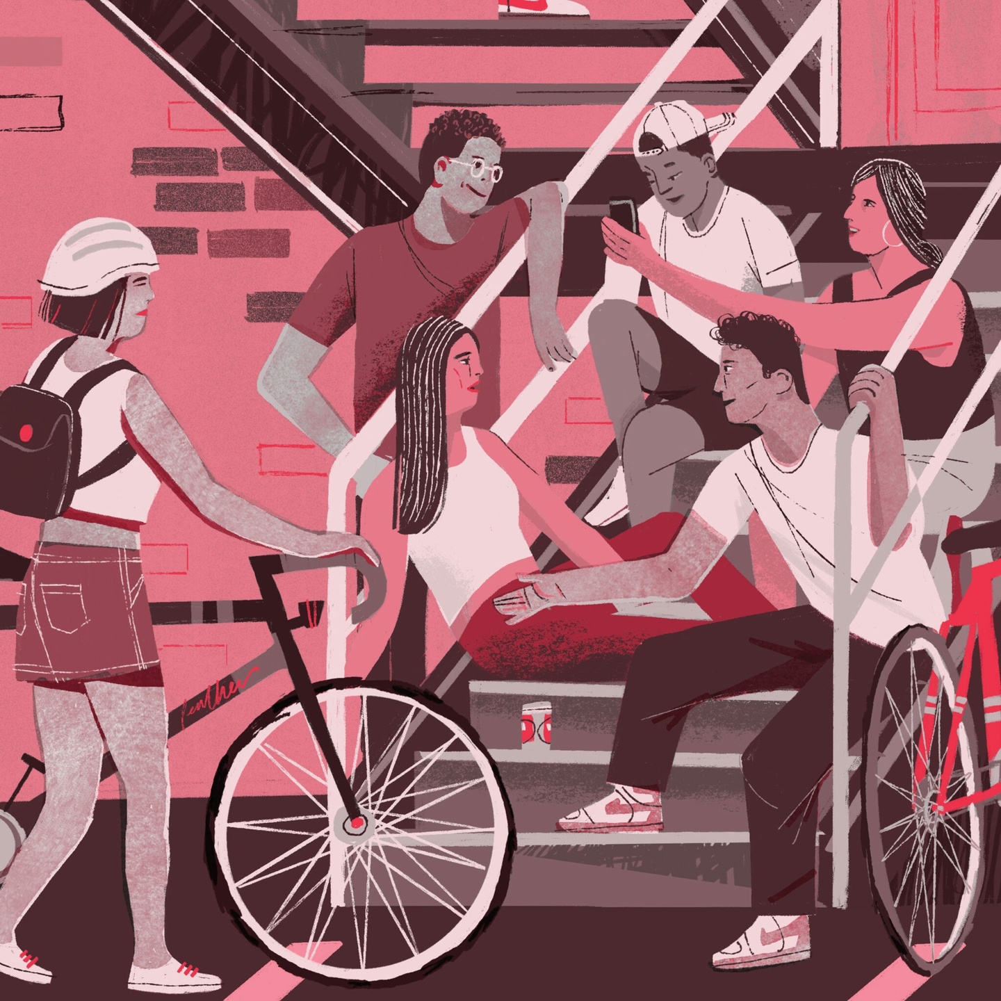 Digital illustration of several people hanging out on a fire escape, with a couple of bikes nearby. 