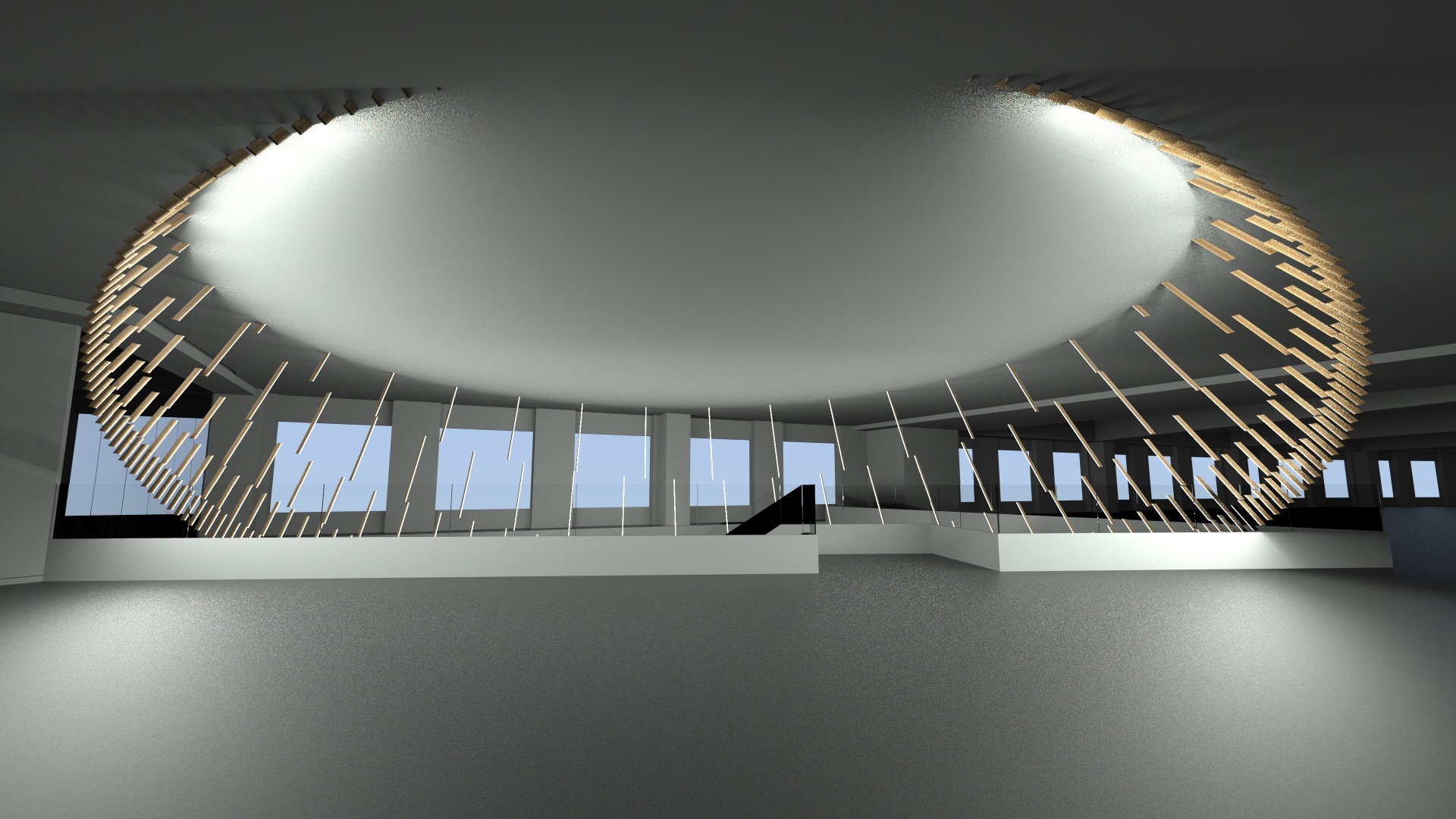Render of final design with circular interactive sculptural installation suspended in the space above a stairwell