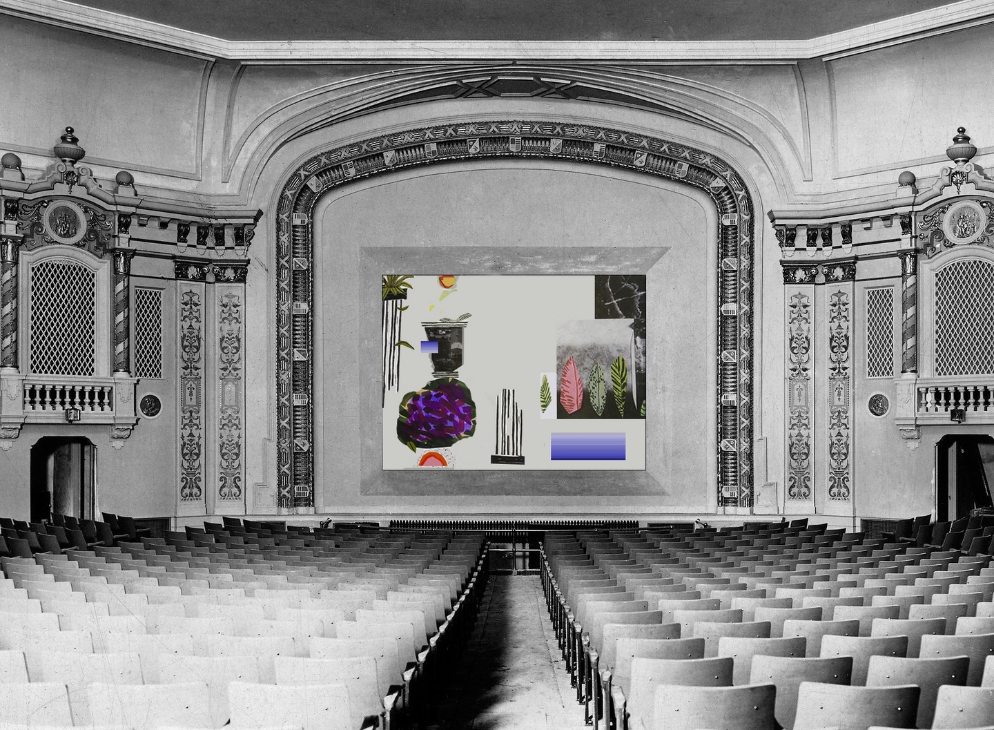 A black and white image of the interior of a theatre; in the center where the stage is, is instead a framed composition of various plants and color gradients (these are in full color) in the center. The light in this image appears somewhere in the back left, illuminating the rows of seats to the left, casting a shadow to the right and to the front. The interior of the space is ornately decorated, the pilasters/columns illustrated with symmetrical floral motifs.