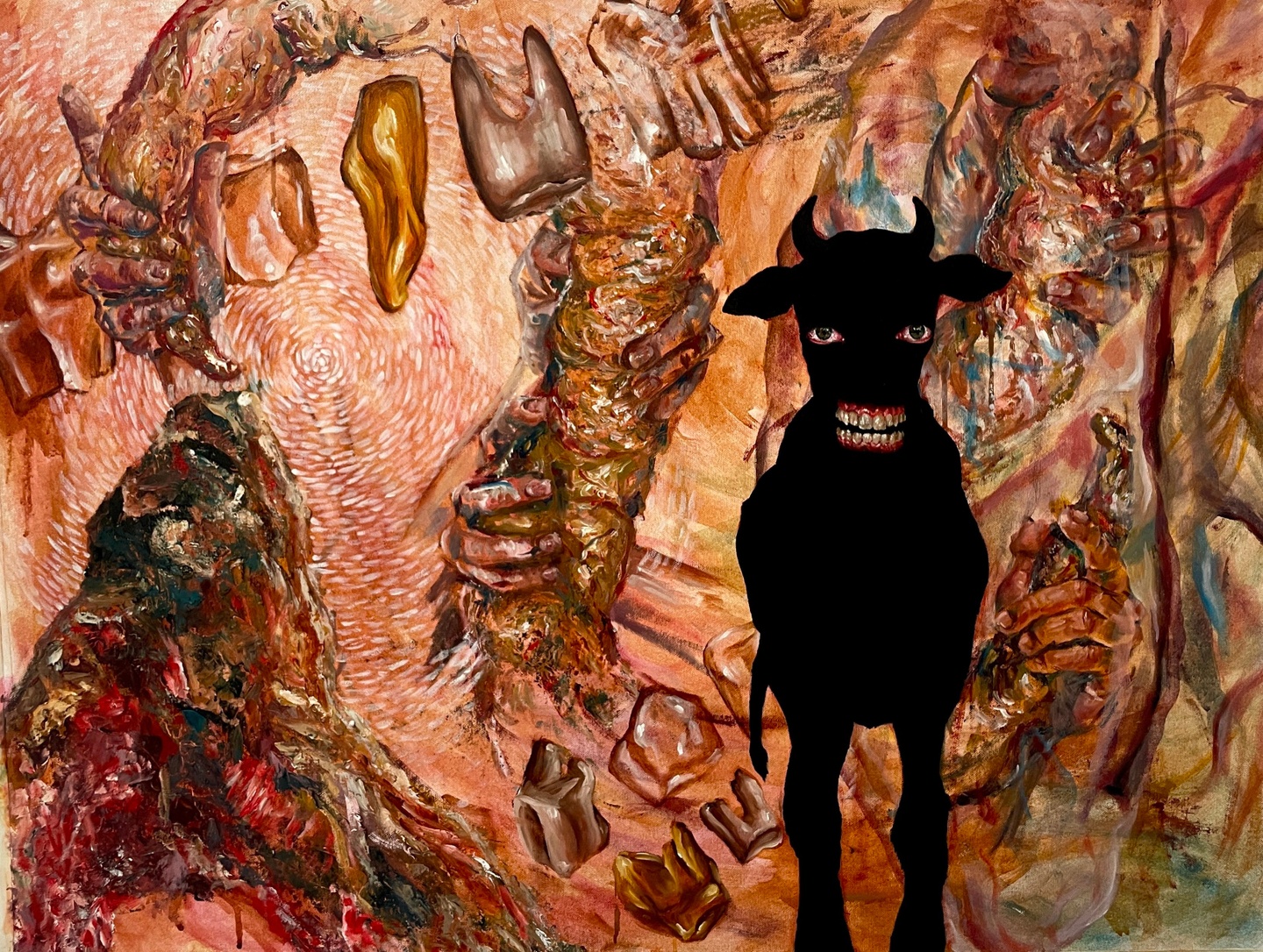 A black goat with body parts in the background.