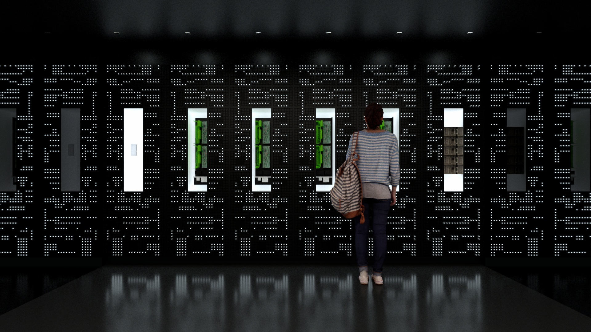 Render of individual standing in front of wall with computerized geometric visuals created by light