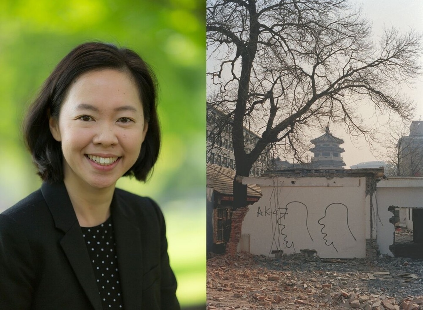 left image is a headshot of the speaker smiling and wearing black with green leaves in the background. Right image is a building with line art spray painted on next to a tree on a cloudy day