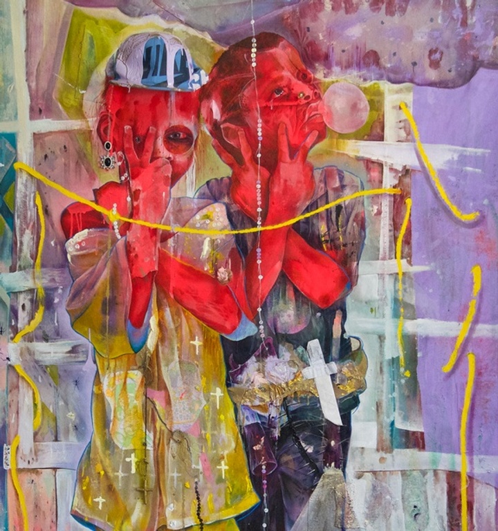 Abstract painting in multicolor of two red child-like figures holding up two fingers with a yellow string across them