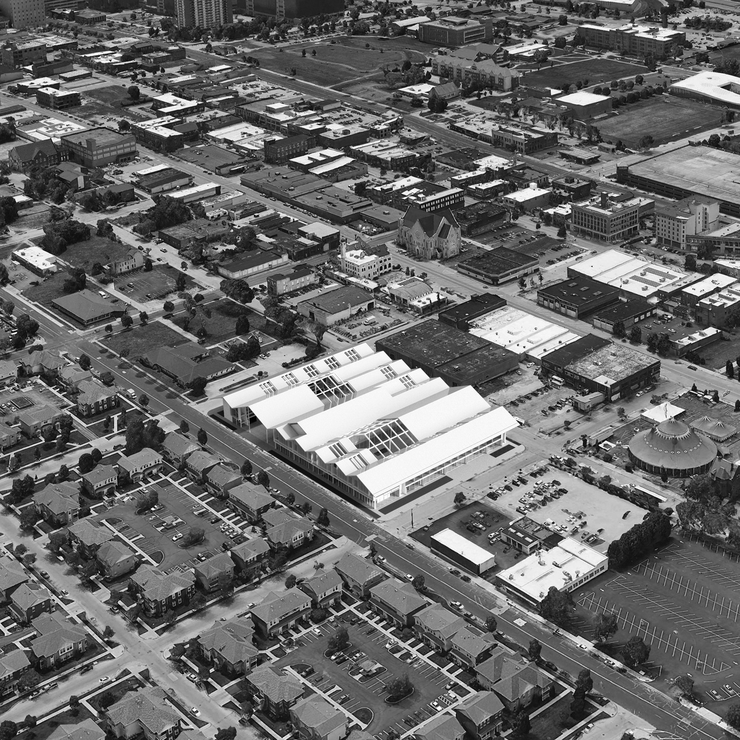Black and white computer rendering of a bird's eye view of a white building with a folding roof with skylights in the midst of photographed site context.