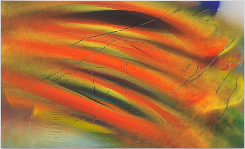 An abstract painting of mostly orange and yellow horizontally oriented broad brushstrokes