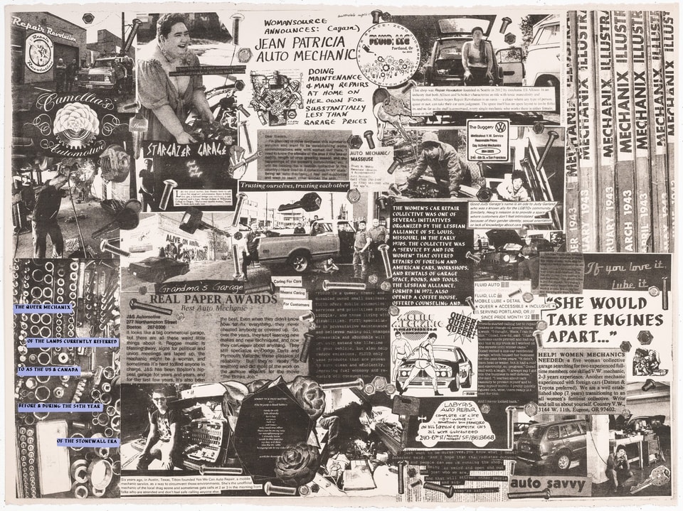 black and white collage of newspaper and magazine images