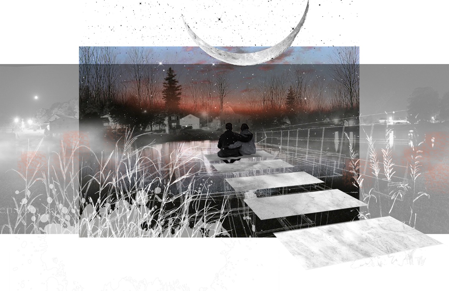 A collage image htat shows two people sitting on a dock looking at the sunset in the sky.
