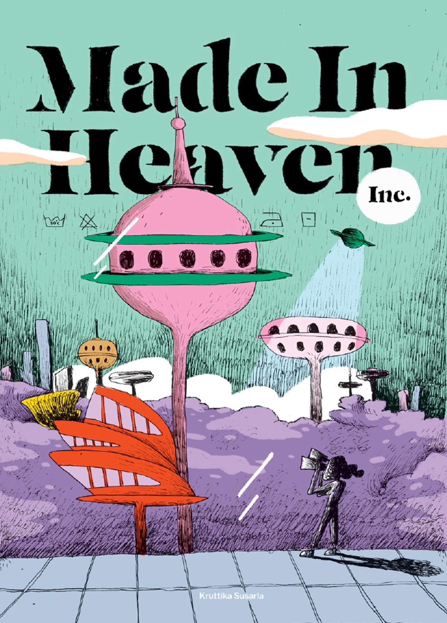 Book cover illustration of a person with binoculars looking at a futuristic landscape with strange shaped buildings 