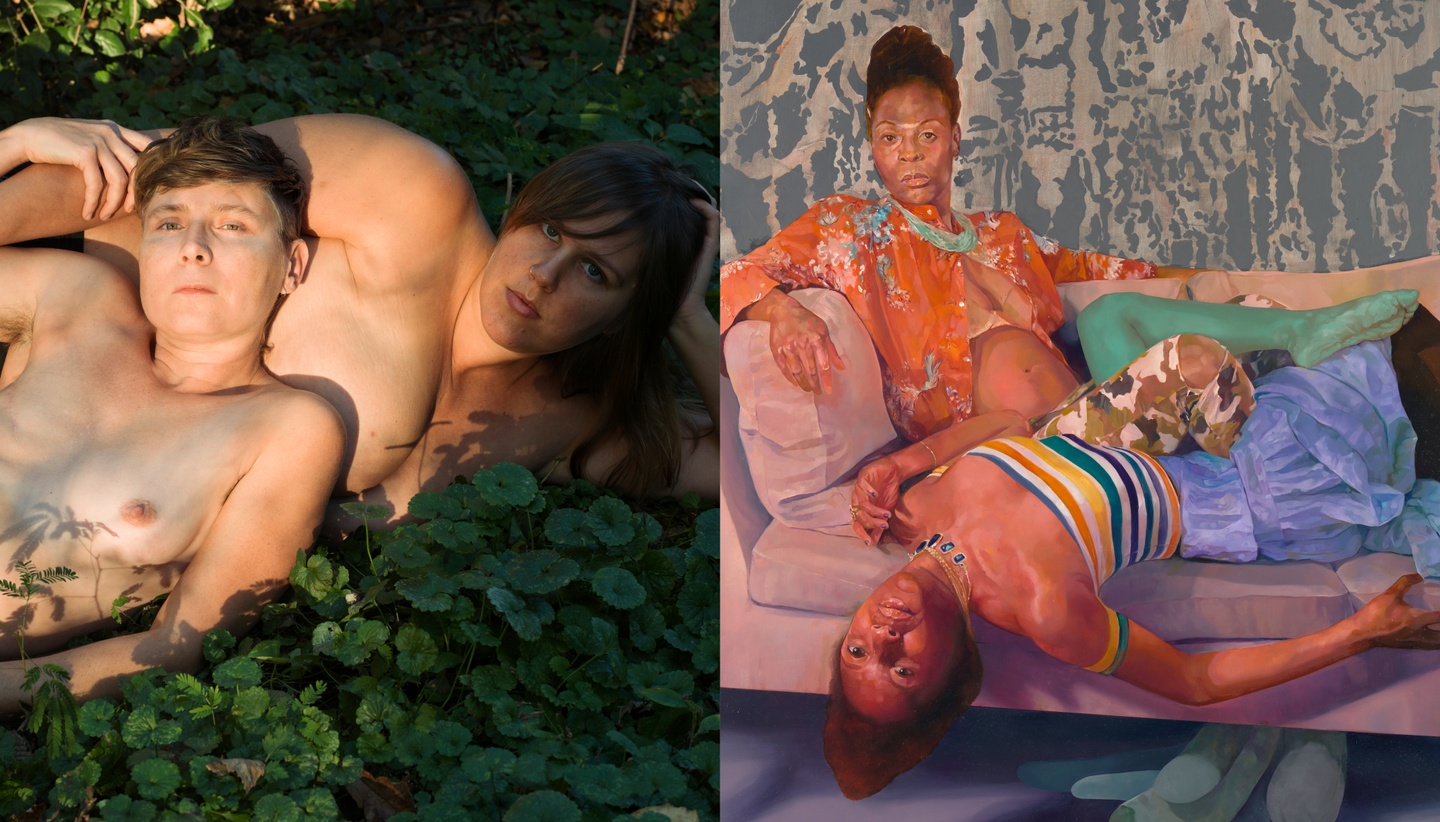 Left: two semi-clothed figures reclining on green foliage; right: two clothed figures lying on a couch