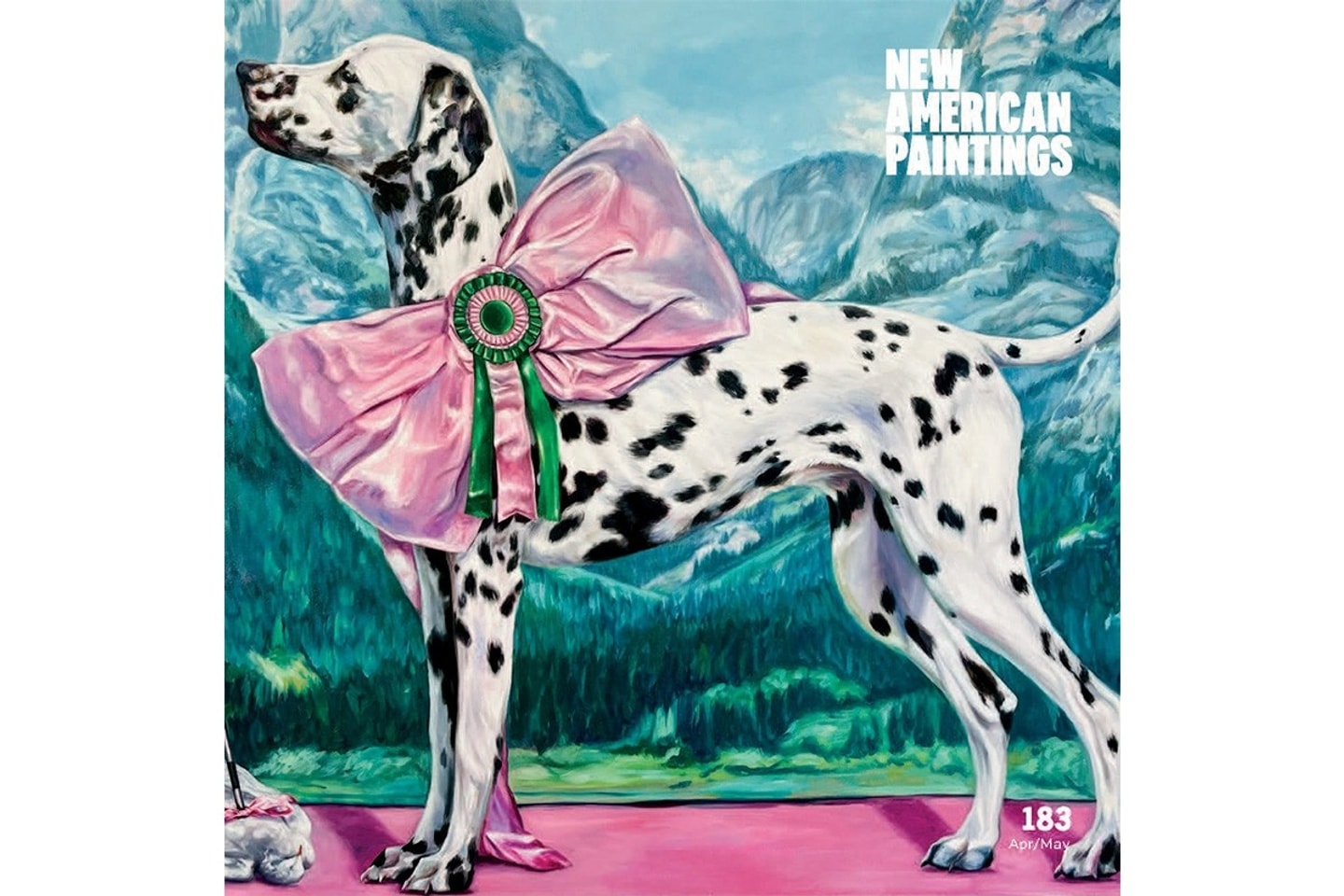Cover of New American Paintings Issue 183 featuring an oil painting of a dalmatian with a pink bow around its neck by Catie Cook.