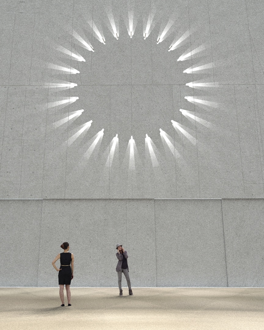 Render of two people standing under circular light sculpture