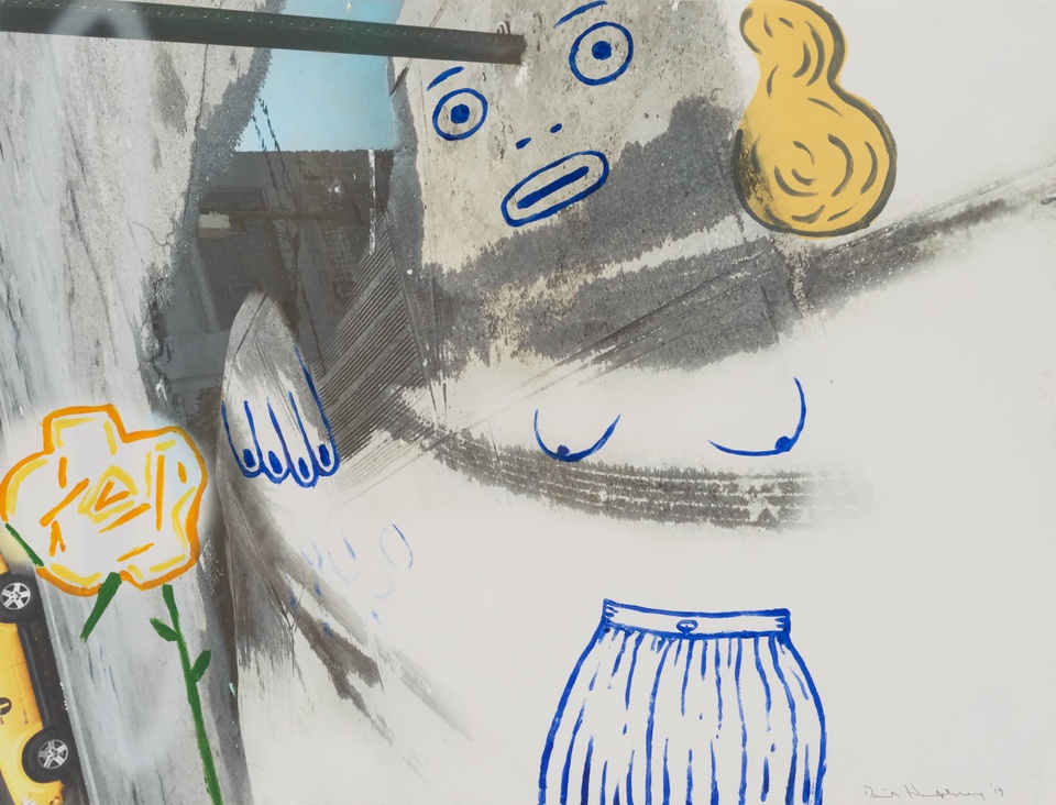 Image of a topless disconnected blonde figure wearing a skirt standing next to a drawing of flower in yellow