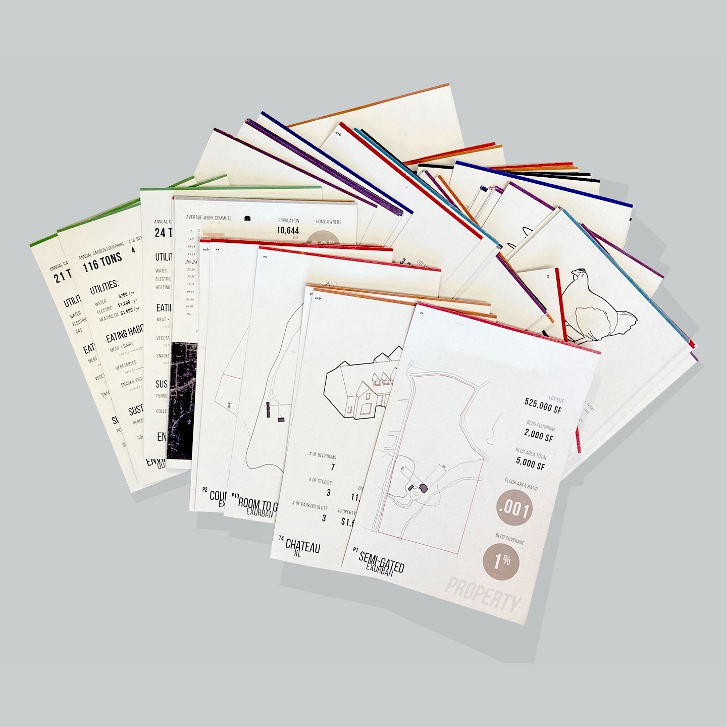 stack of cards with descriptions of homes