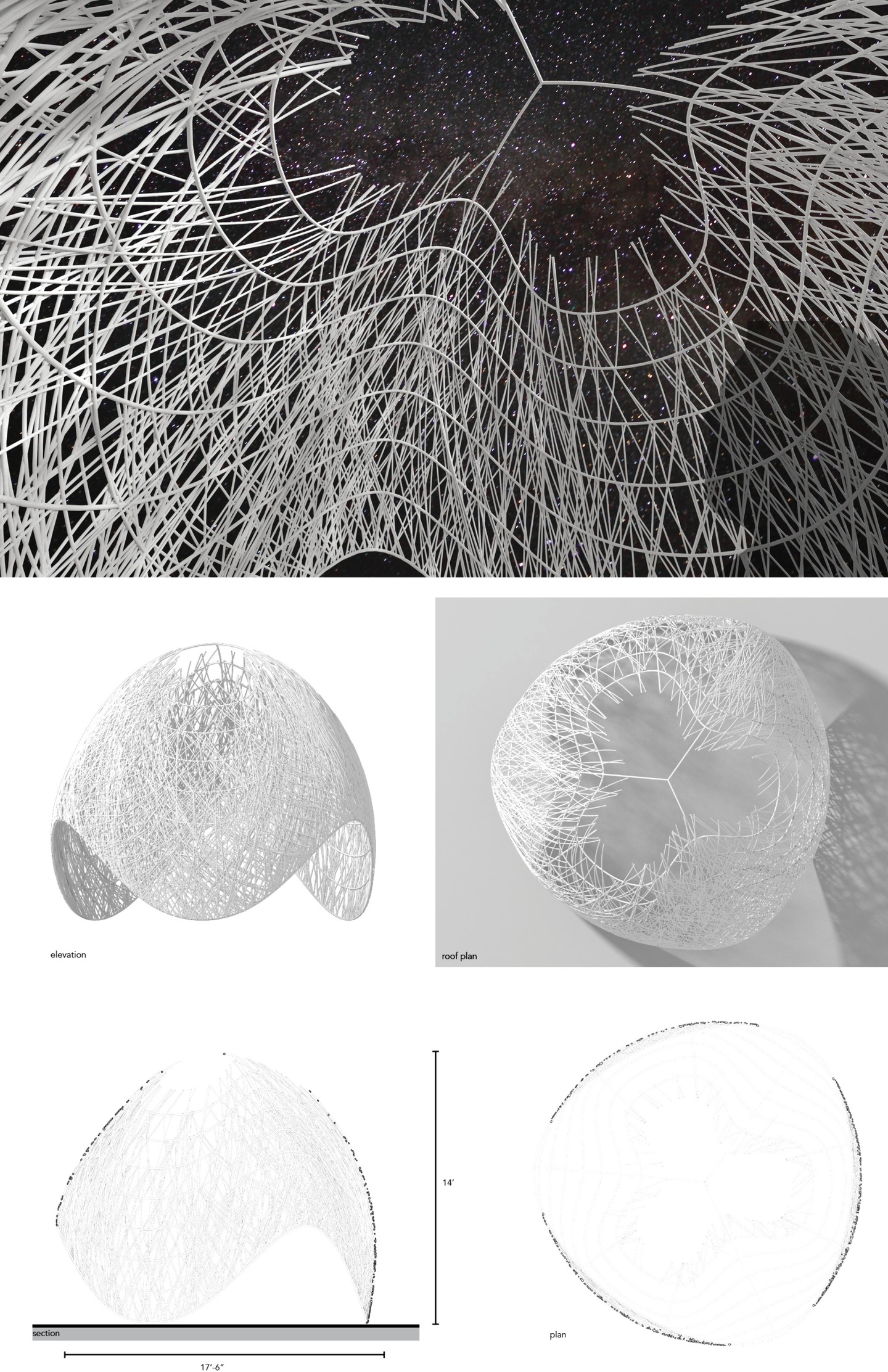 Images of a sculptural piece: perspective (top) elevation and plan (second row) and sections (third row)