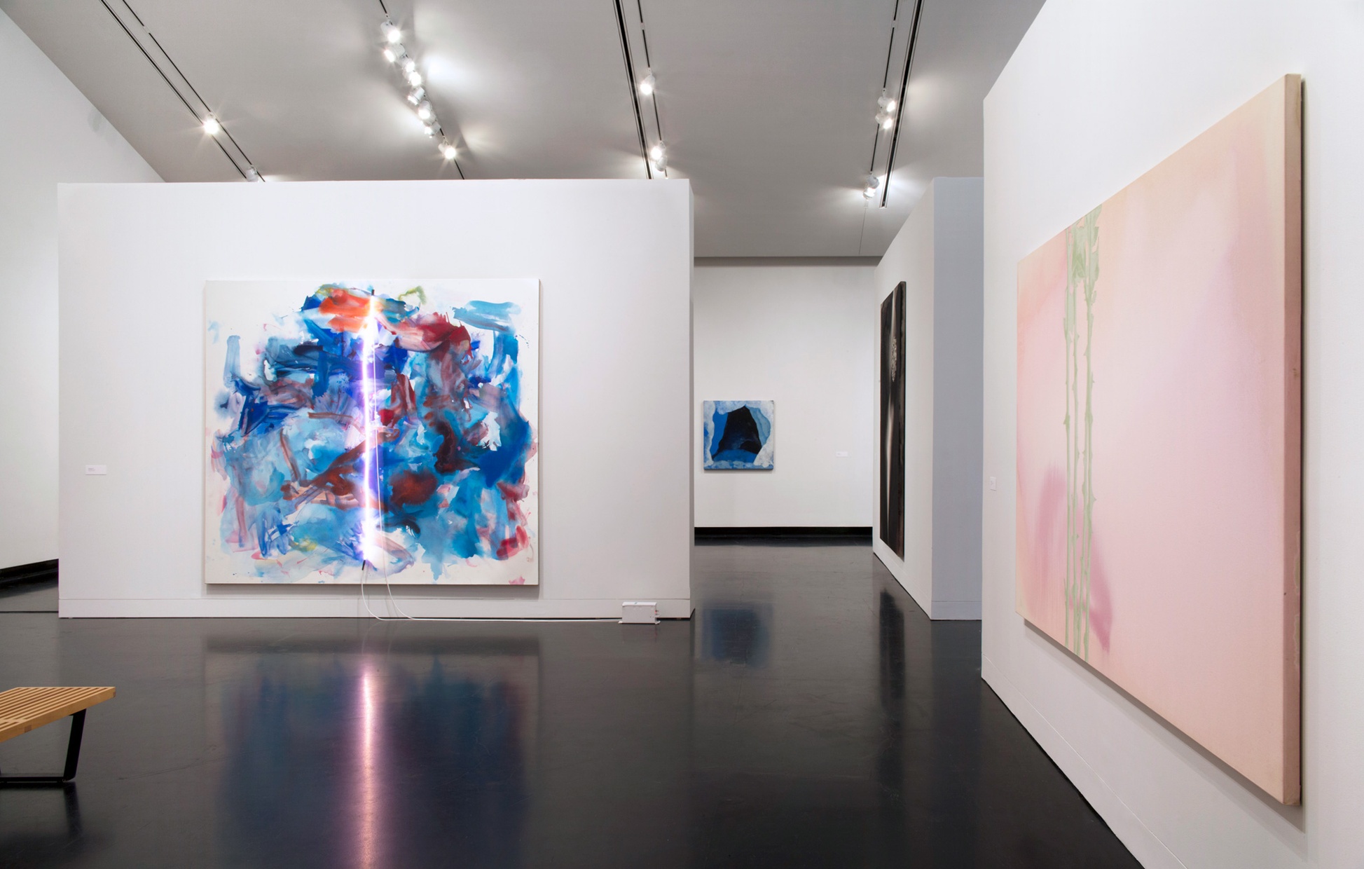 A large, abstract, blue and red painting with a neon tube across the center of the canvas on a white wall adjacent to a large, light pink painting with green stems and thorns.