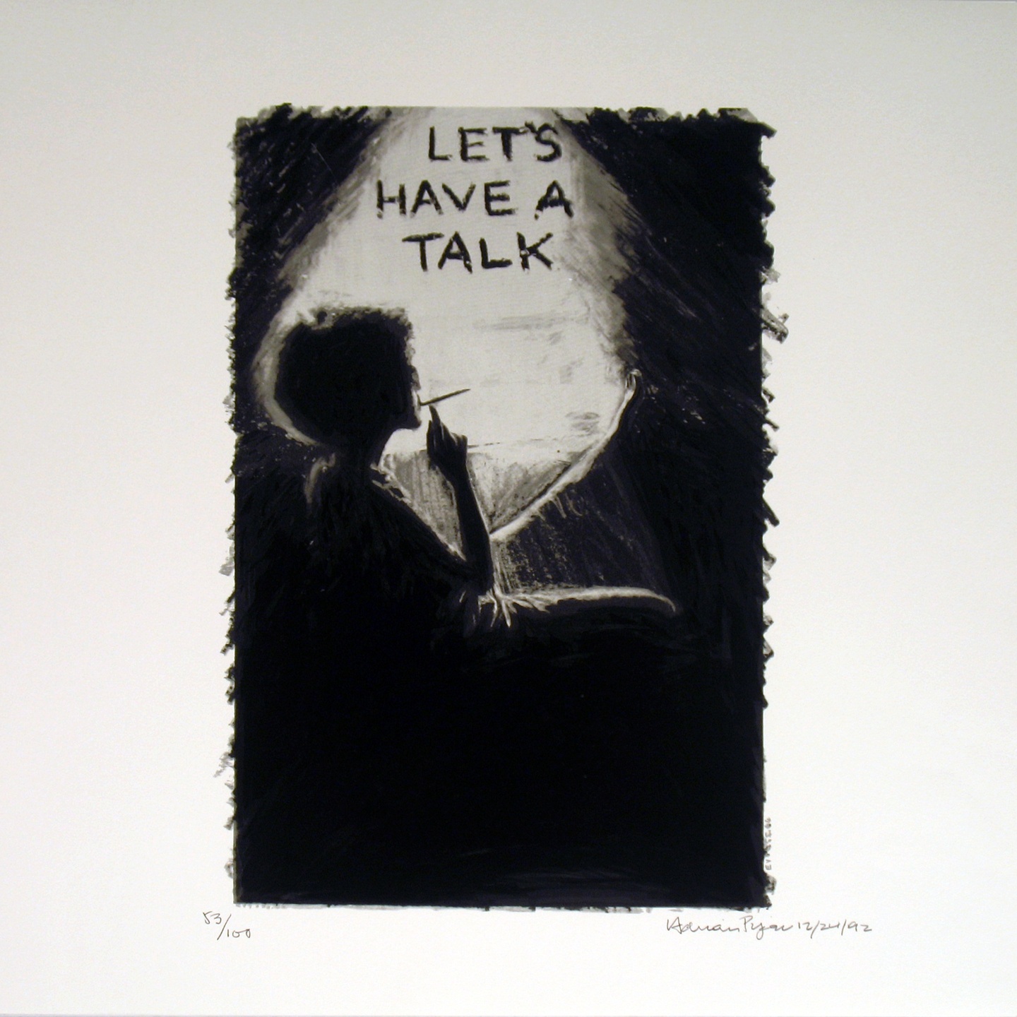 A print of a figure seated in front of a window, smoking a cigarette, with the words "Let's Have a Talk" above