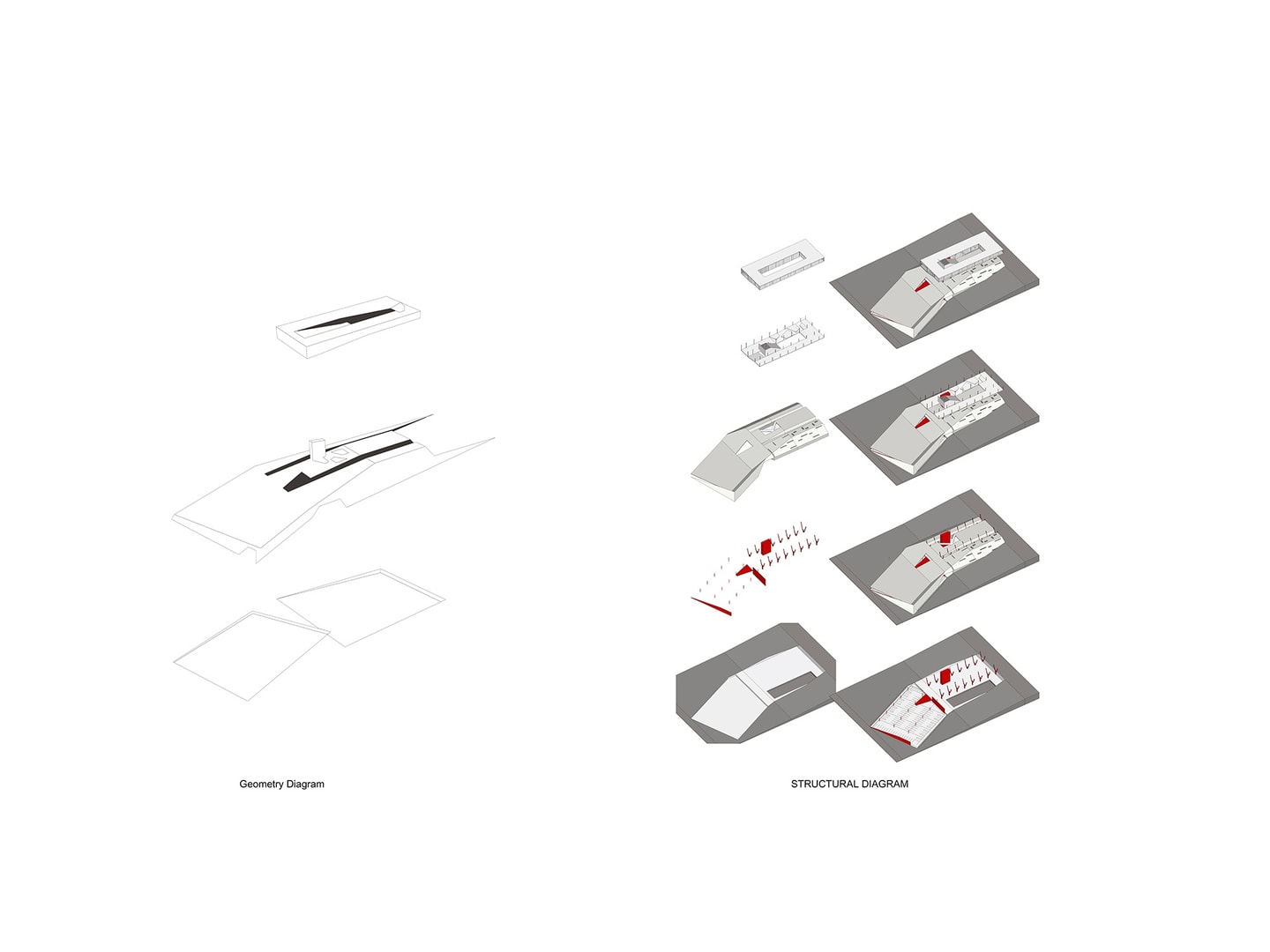 Technical drawings of multiple levels of a sport center