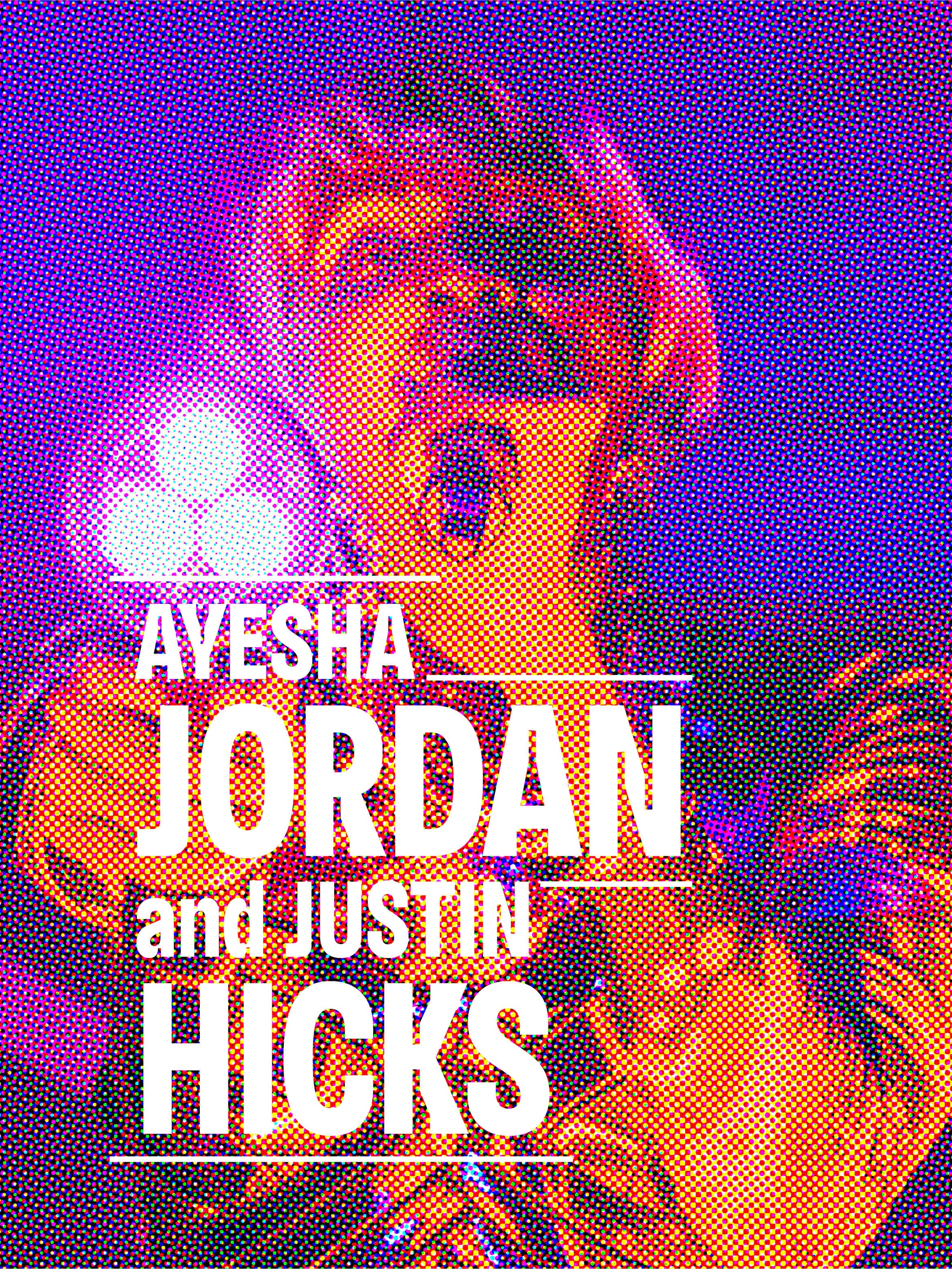 A photo of Shasta Geaux Pop singing into a microphone in neon purple, pink, and orange light with the artists' names Ayesha Jordan and Justin Hicks superimposed in white type