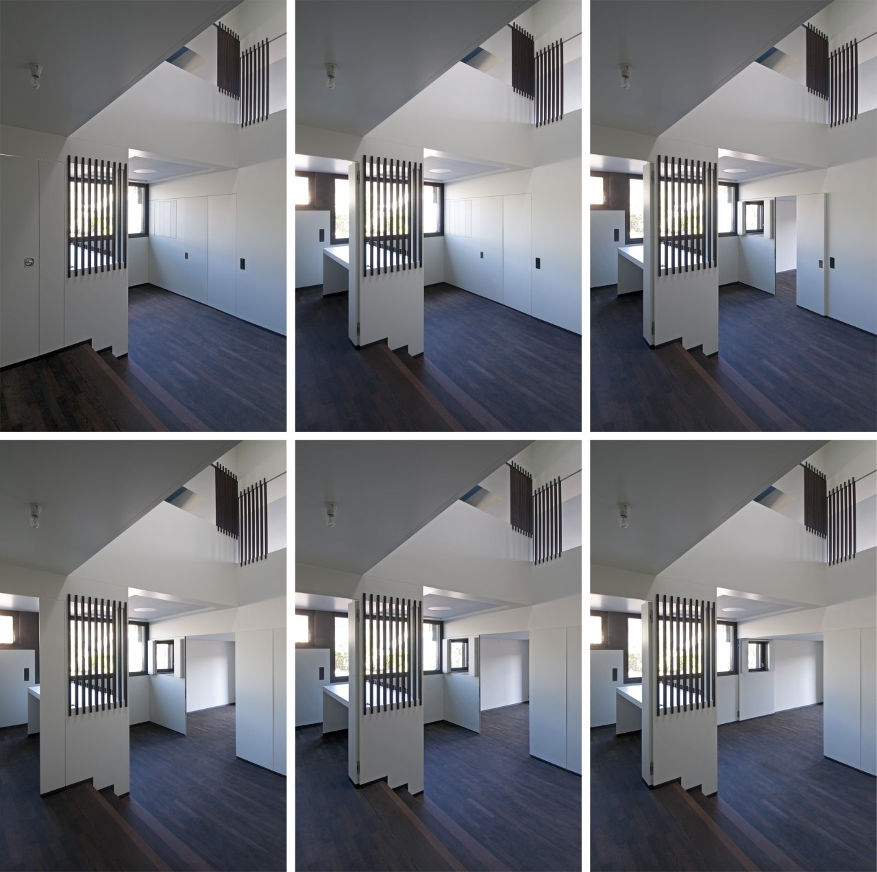 Six views of an interior residential space demonstrating door and wall panels being opened and folded back. 