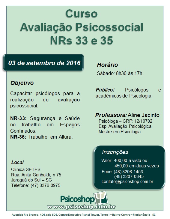 Curso  Avaliação Psicossocial: NRs 33 e 35