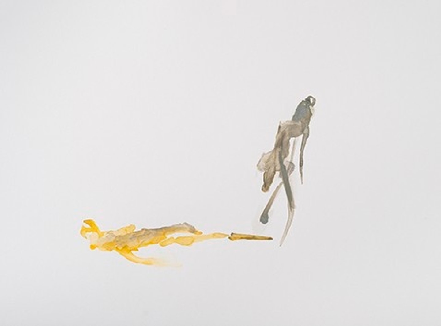 An abstract artwork on paper by Arny Nadler featuring two delicate, translucent biomorphic forms—one horizontal in yellow and grey, and one vertical in dark grey—surrounded by expansive white space