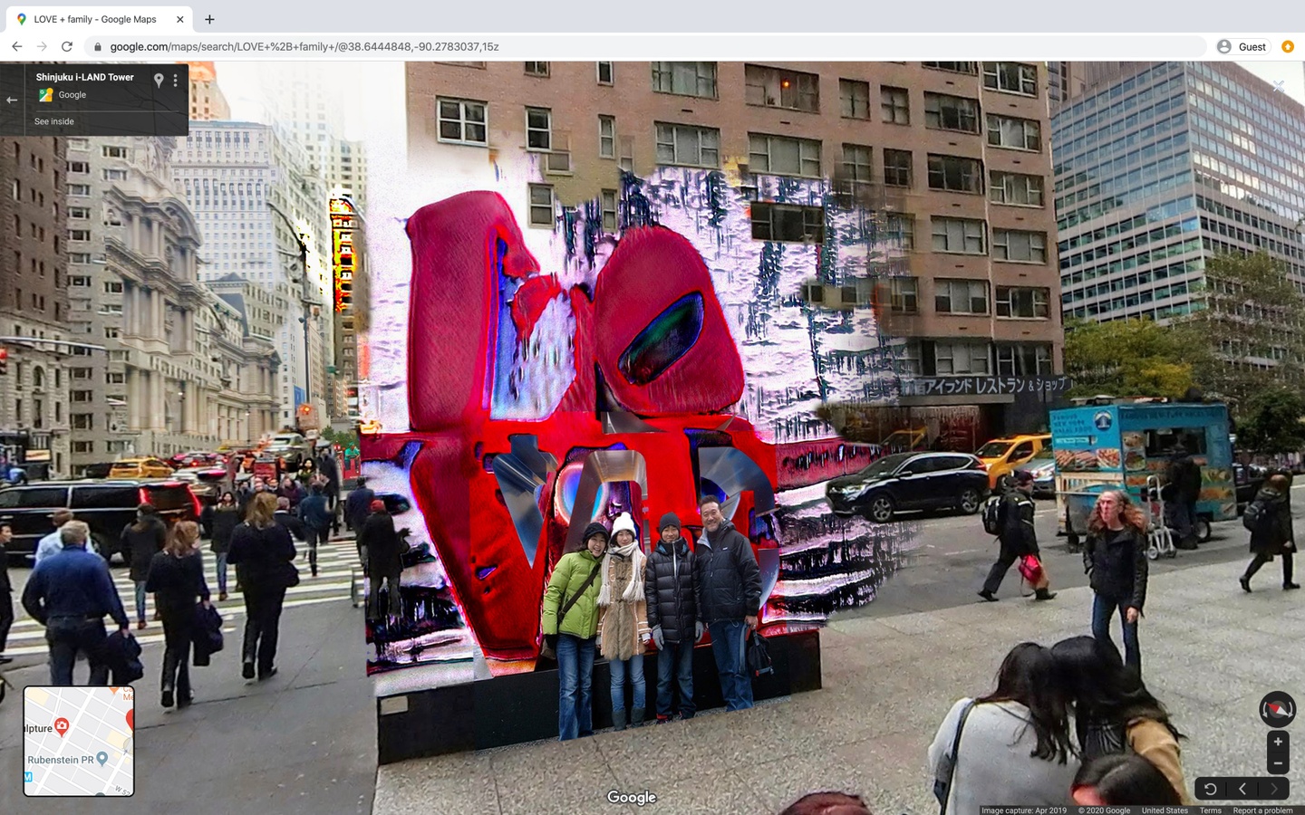 Screencap of Google Street View of tourists posing for a photo in front of a Robert Indiana LOVE sculpture, digitally distorted around the sculpture and possibly comped from different city street views.