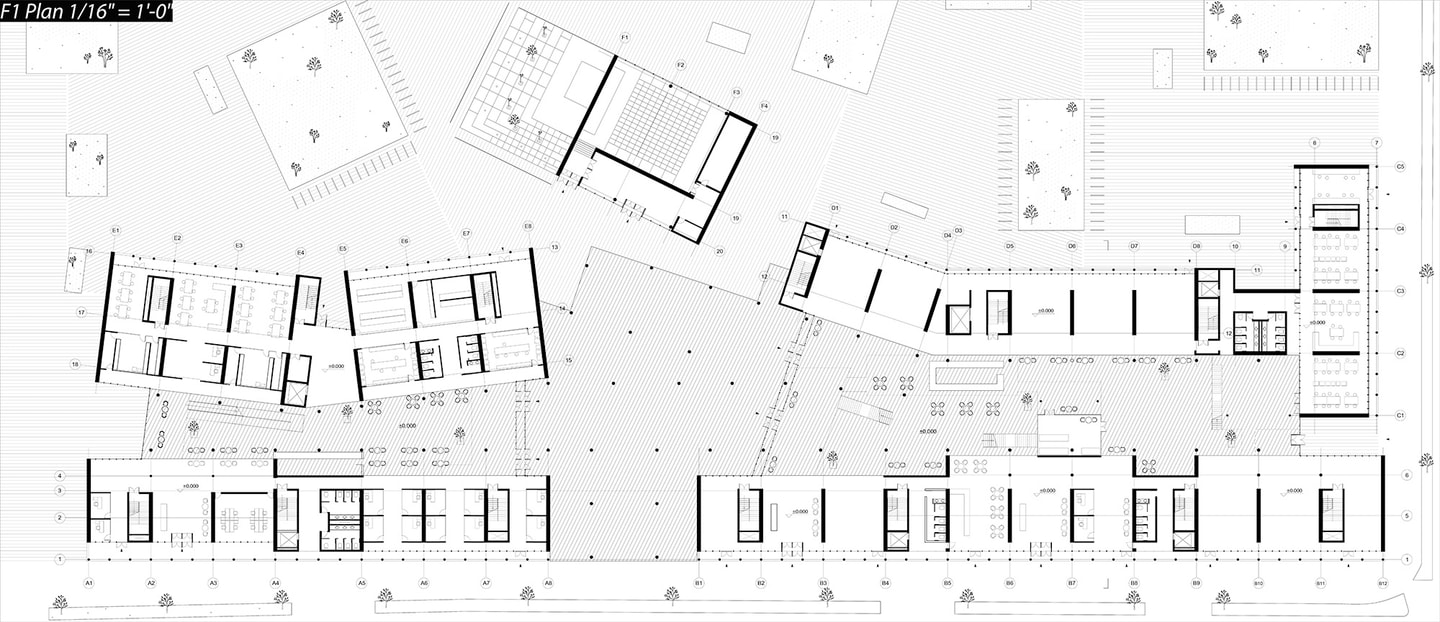Computer line drawing of a first floor plan of a building complex with a main alley with rectilinear forms branching off. Shown at 1/16 inch equals one foot scale.
