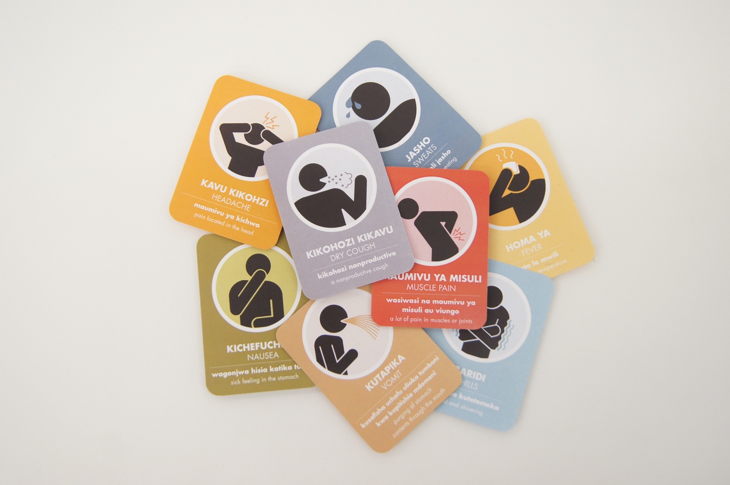 Set of eight cards with different-colored backgrounds, each featuring a simple illustration and text about different malaria symptoms.