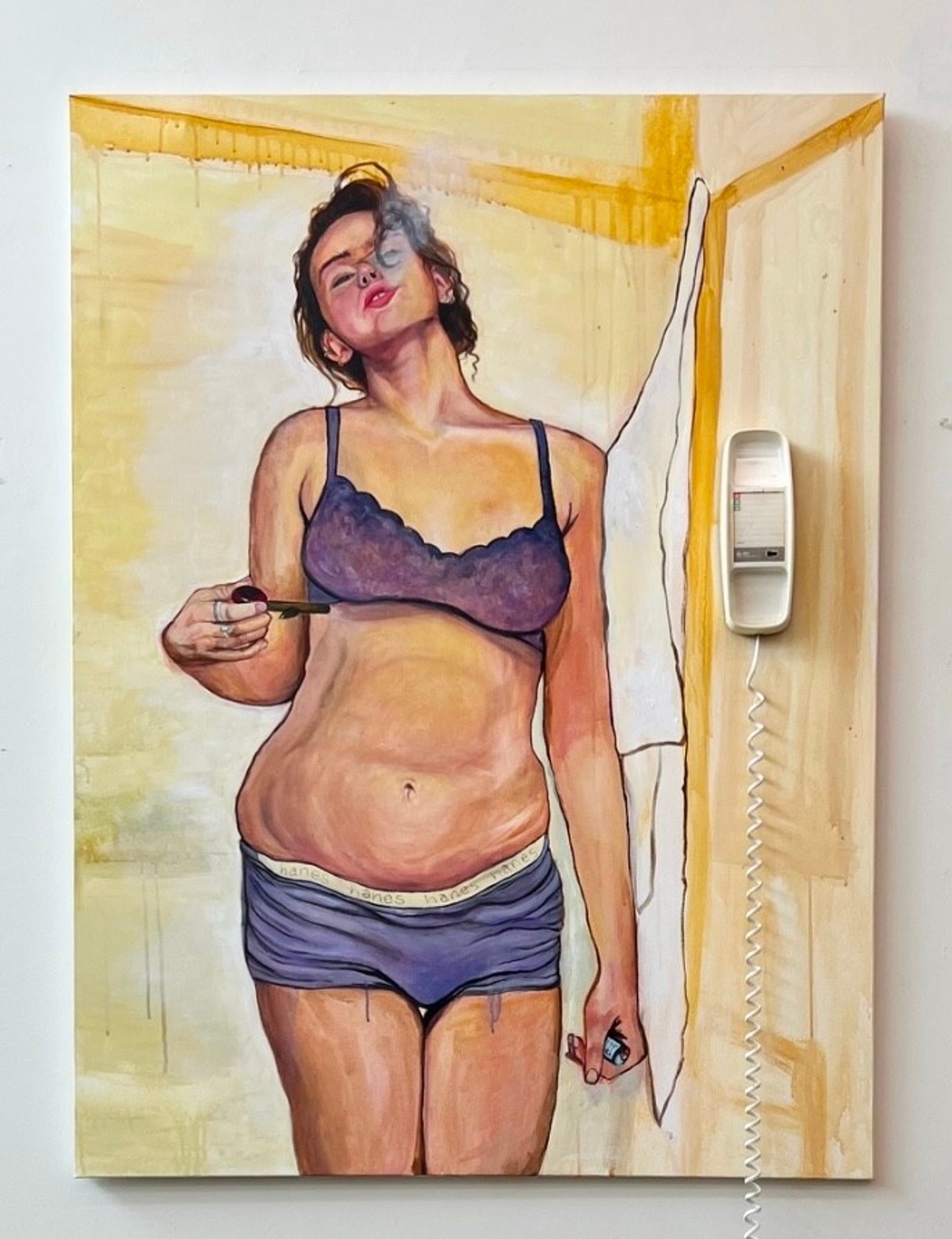 A painting of a woman in her underwear smoking a cigarette. A landline is pasted onto the painting.