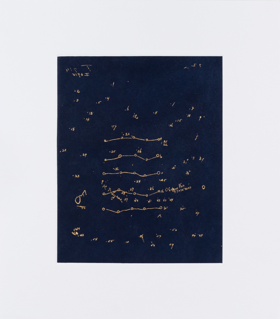 Print with dark blue background and lots of small markings in gold.