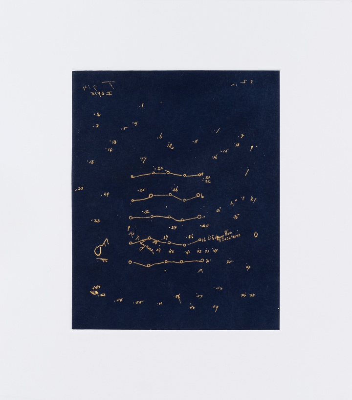 Print with dark blue background and lots of small markings in gold.