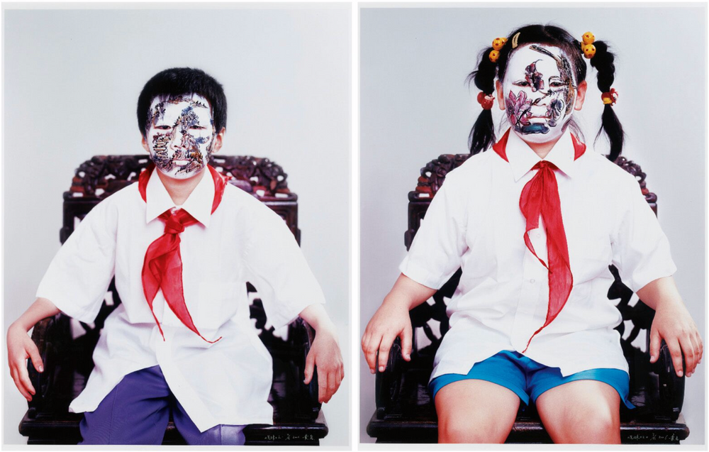 Two photographs side-by-side of young, Asian children, one boy and one girl, wearing white shirts and red ties with painted faces depicting traditional Chinese motifs.