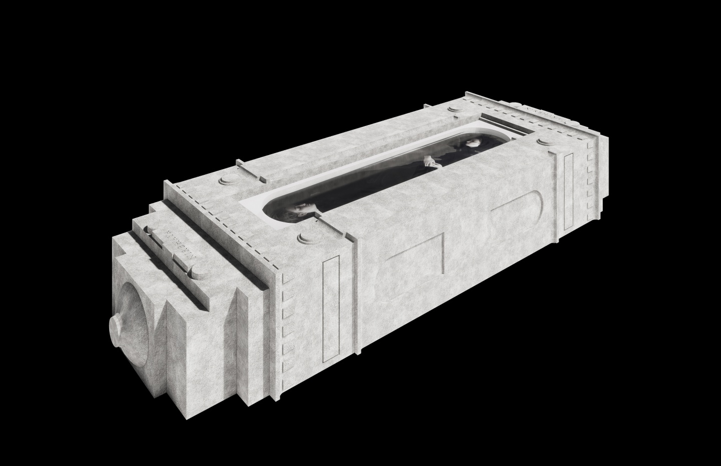 A rendering of an architectural form; the monument is in a light gray, marble/concrete-like texture, set against a black background. In the center of its surface/façade is a pill-shaped recess, in which water seems to flow, reflecting two faces (one at each end) and a pair of hands. The people depicted in this pool have their eyes closed, and their hands are interlocked.