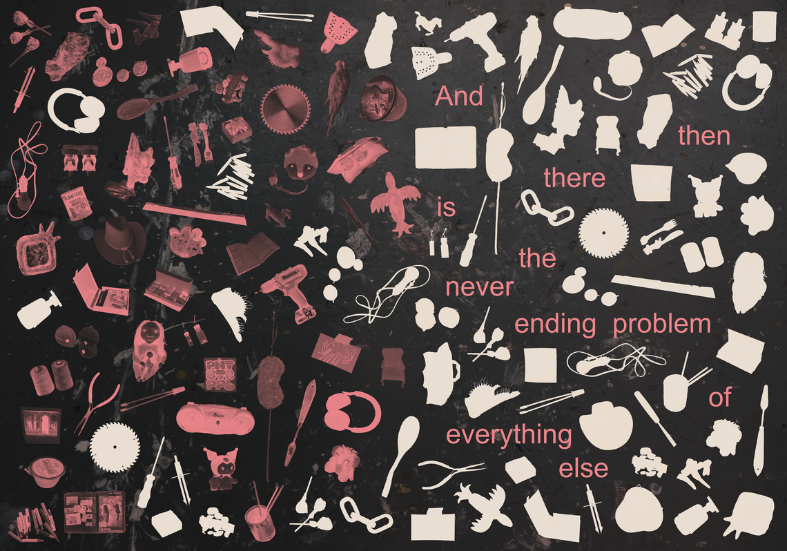 Scanned x-ray image of small objects with exhibition title nestled amongst the spread
