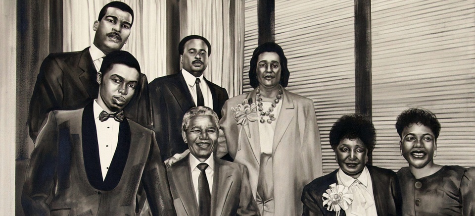 Black and white painting of famous historical Black leaders and icons posed together for a portrait.
