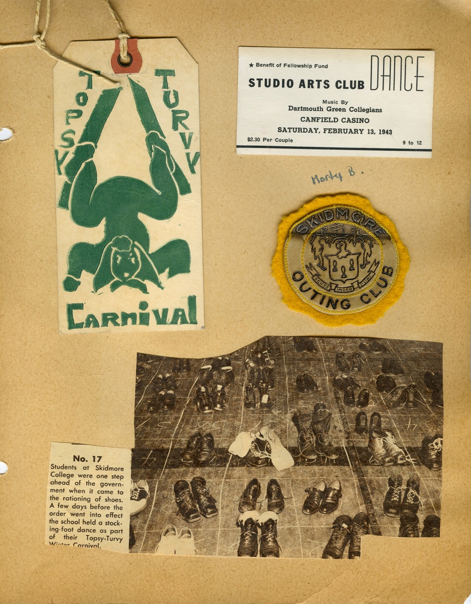 A yellowed scrapbook page shows many small objects on it. On the bottom right is a newspaper cutting with a photograph of many pairs of shoes spread out on a large floor.