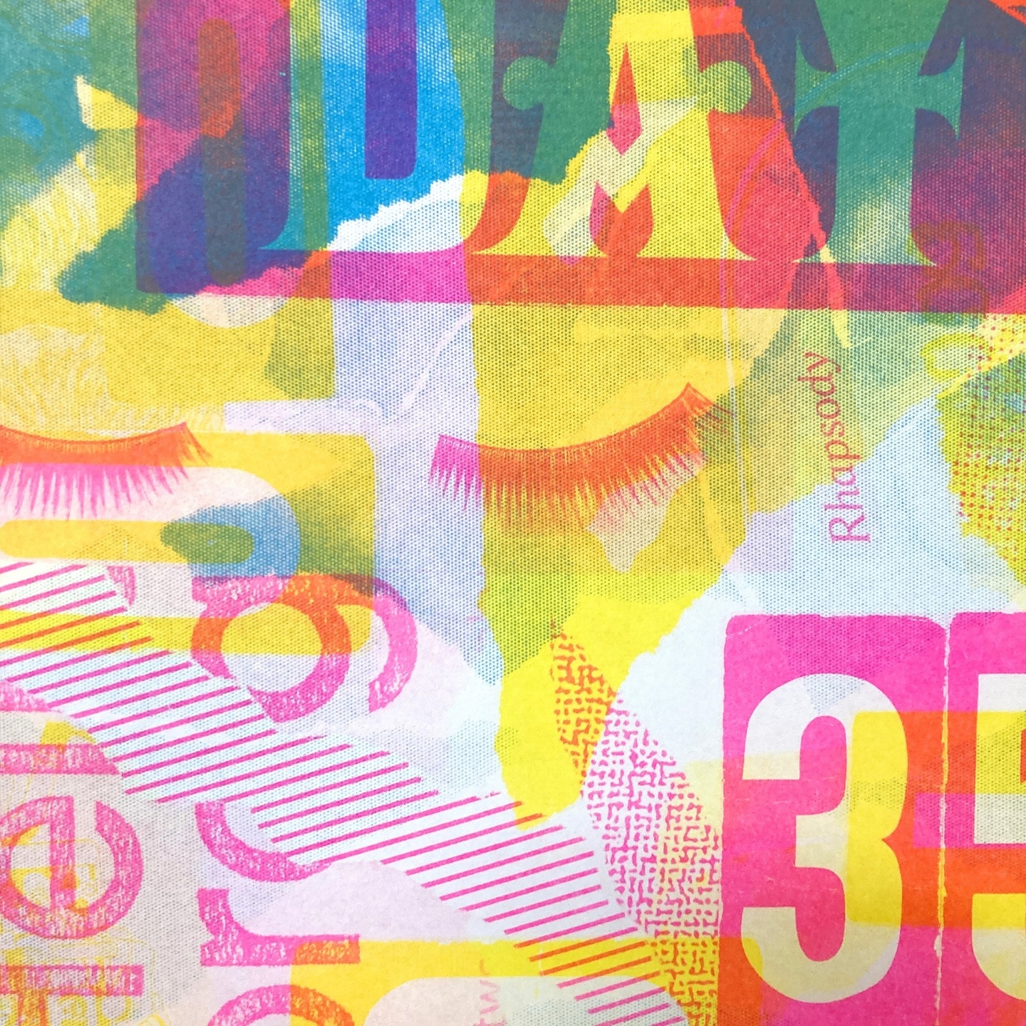 print in neon pink, yellow, green and blue of letters and numbers